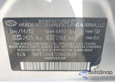 2013 Hyundai Sonata Limited 2.0T from USA, damaged, VIN 5NPEC4AB7DH662624